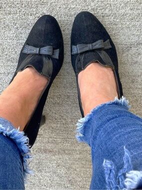Vintage Bultmans Footnotes Black Suede Bow Pumps Mid Century Heels